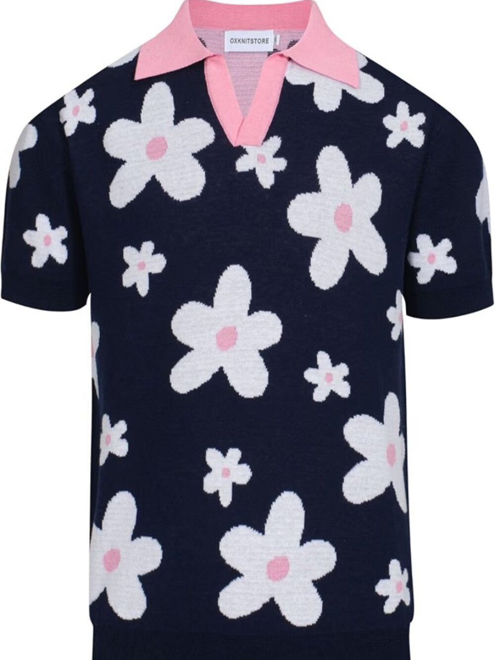 OXKNIT Men's V-Neck Knit Polo Dark Blue Geometric Retro Shirt Size 3XL